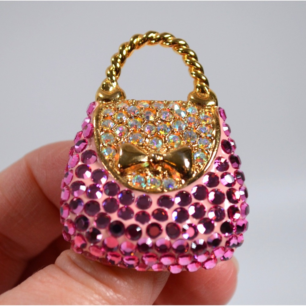 SUZANNE BJONTEGARD Pink Rhinestone Handbag Purse‎ Pin Brooch 1.75" x 1.25"